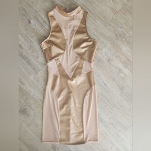 Chic Backless Satin Dress in Gold and Cream
